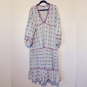 Blue & white seersucker dress, red trim. V neck Nap dress with tiered skirt